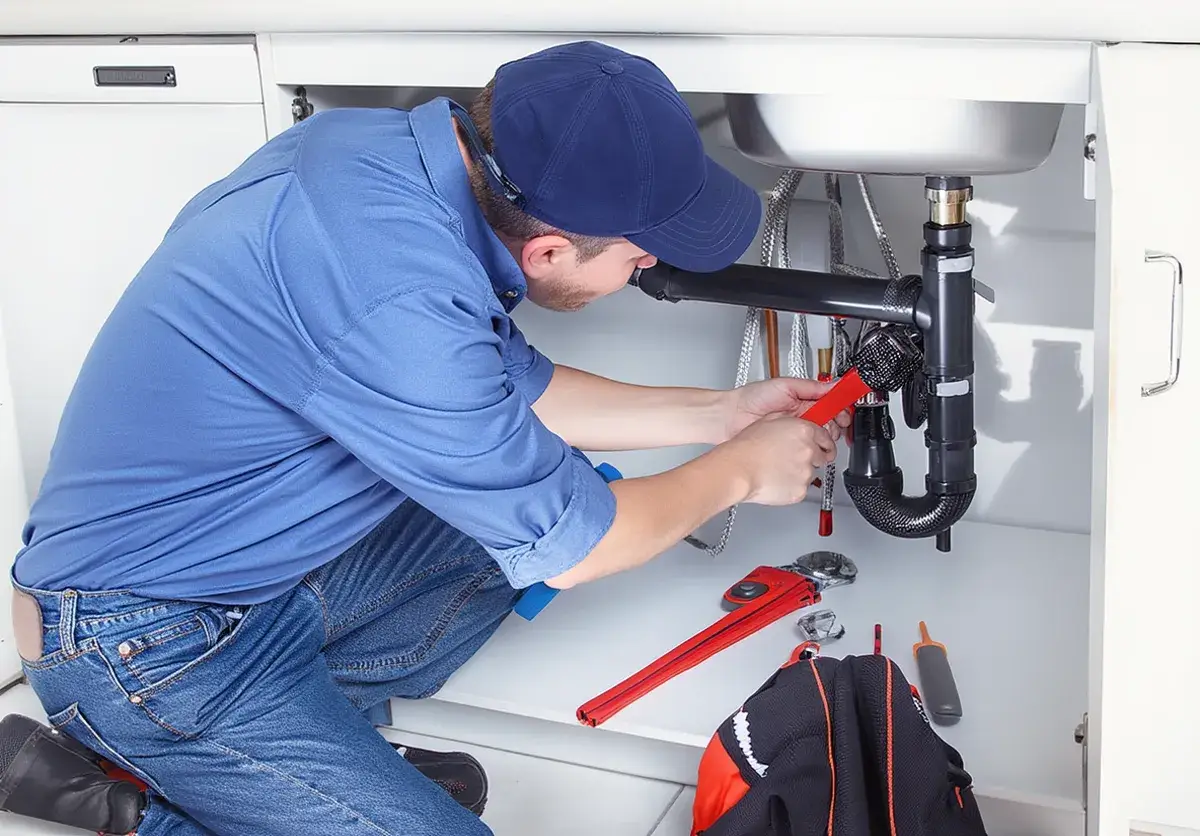 Plumber repairing pipes under a sink